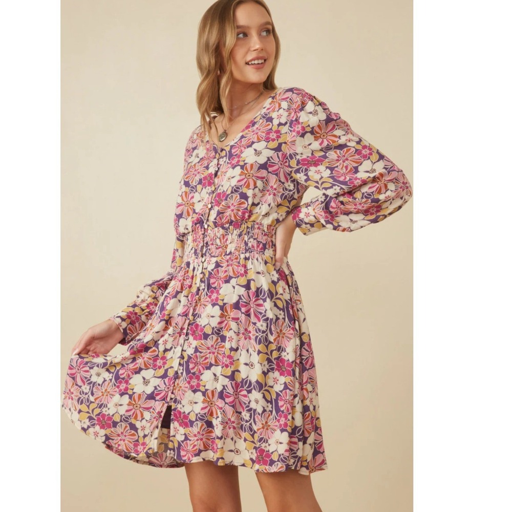 NWT Hayden Los Angeles Floral Print Button Up V Neck Smock Detail Dress Medium